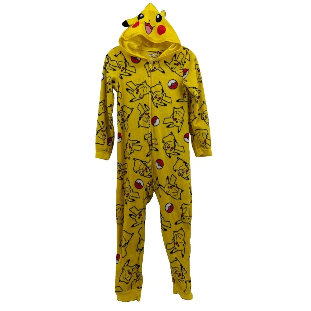 Pokemon Pikachu Union Suit Pajamas Kids 10/12 Yellow All Over Print Costume Hood
